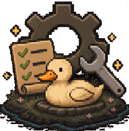 The Safe Haven QOL duck in front of a gear, a checklist and a wrench